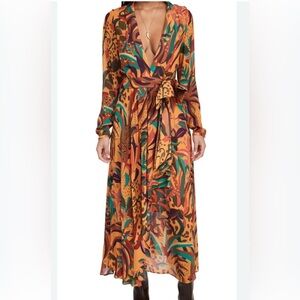 FARM Rio Orange and Green Long Sleeve Dress deep v